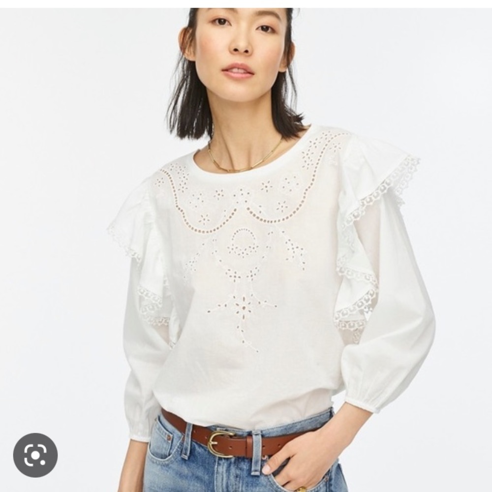 J Crew Embroidered Ruffle Sleeve Top Size S